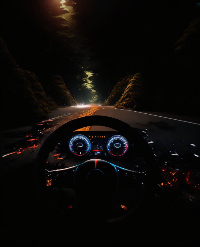 Nighttime forest road view with illuminated dashboard gauges