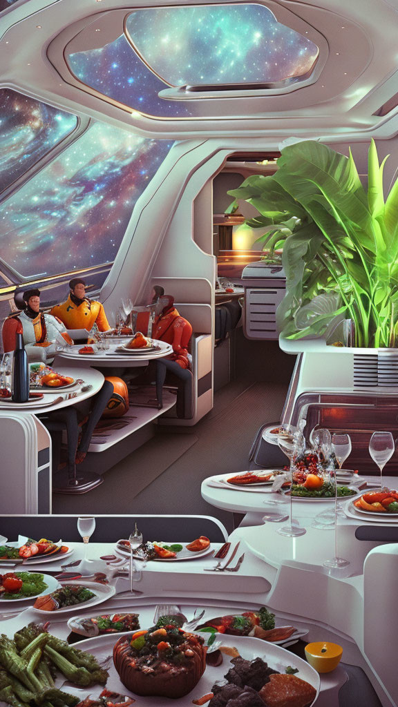 Luxurious spaceship dining area with panoramic view of outer space