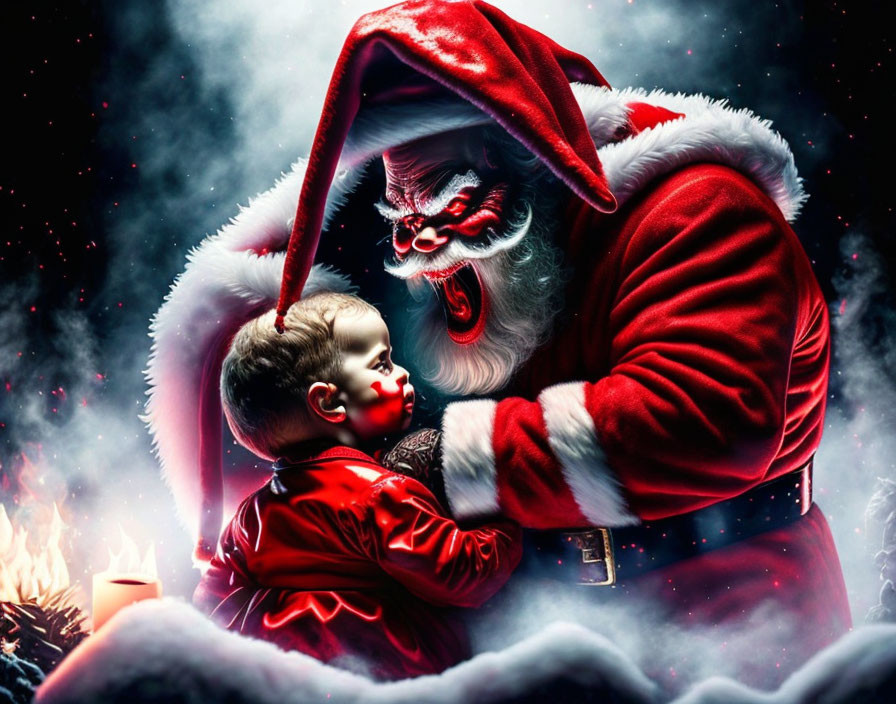 Santa Claus holding a child in red attire in mystical, smoky setting