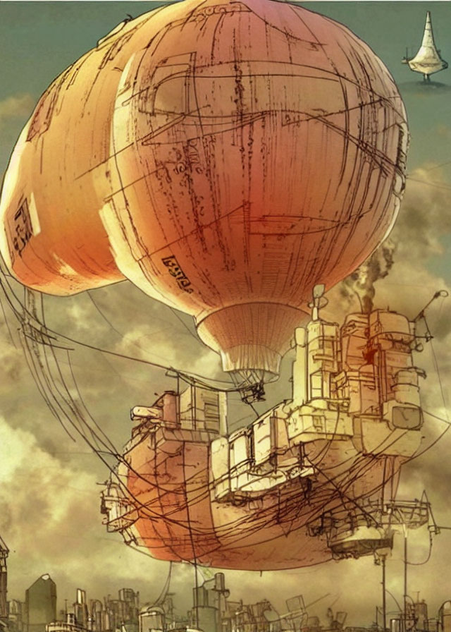 Steampunk-style airship with large balloons over cityscape on cloudy sky