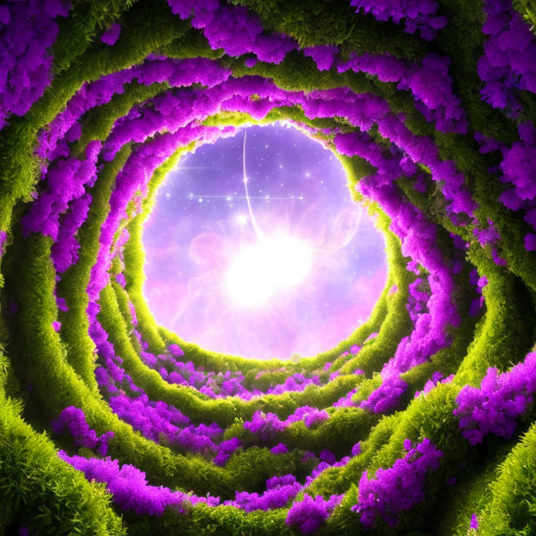 Colorful digital artwork of circular green foliage tunnel with purple flowers and bright central light against starry backdrop