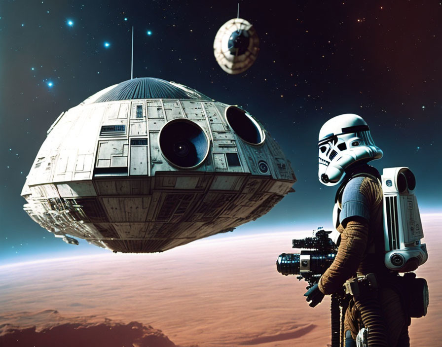 Sci-fi Stormtrooper observes Death Star-like structure in space scene