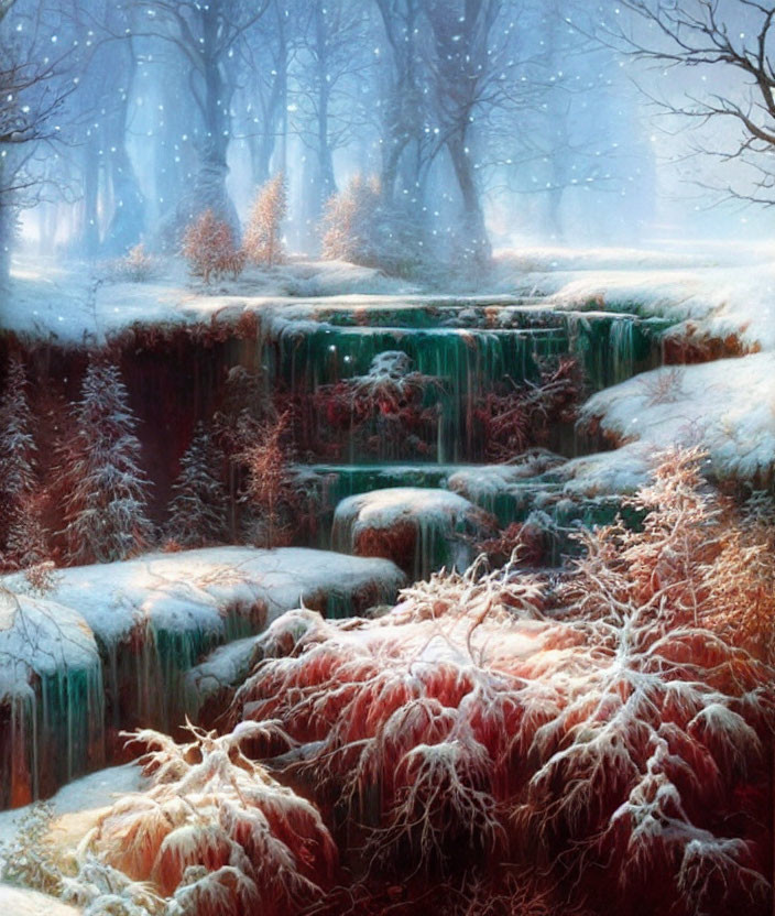 Frozen Waterfall Surrounded by Snowy Trees in Magical Winter Scene