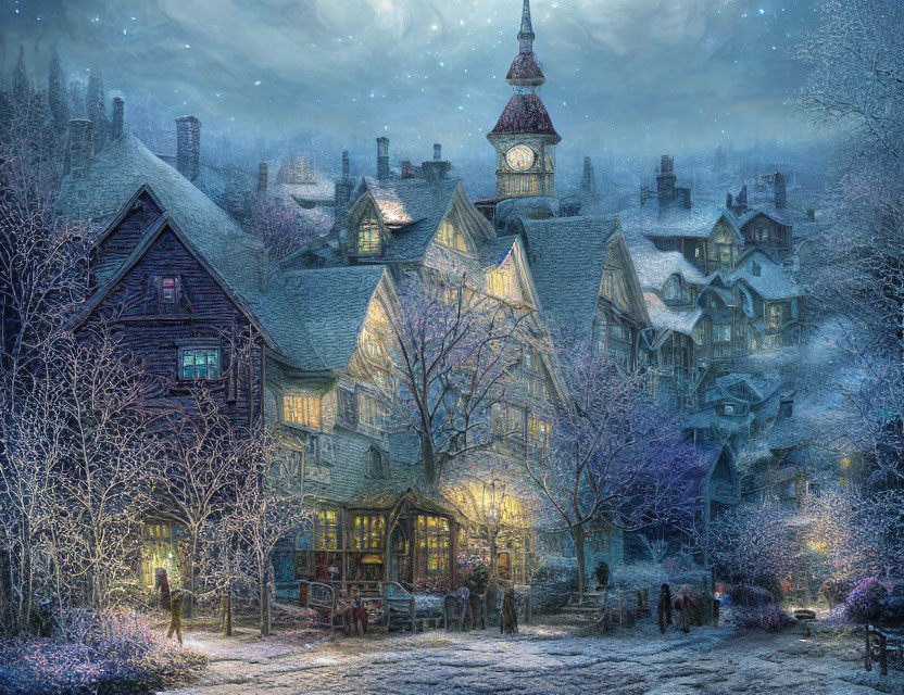 Snow-covered village with clock tower and twilight sky