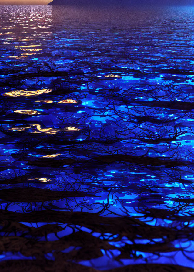 Vibrant Blue and Purple Lights Reflecting on Water Surface