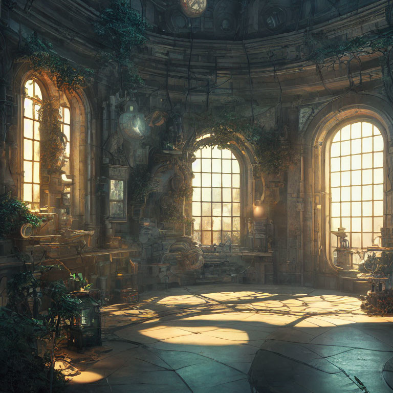 Circular sunlit room with overgrown plants and antiquities in classical setting