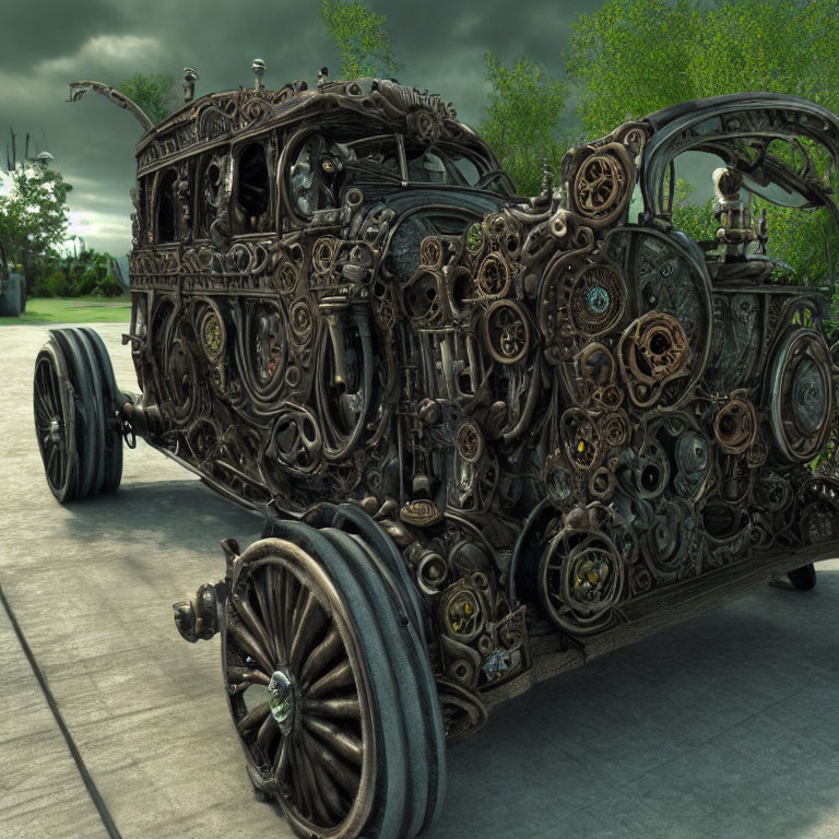 Intricately designed steampunk-style car on concrete under cloudy sky