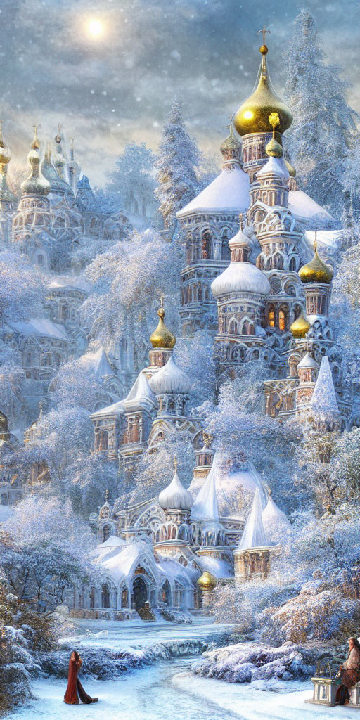 Snow-covered buildings, golden domes, river, icy trees, cloaked figure, and wolf in