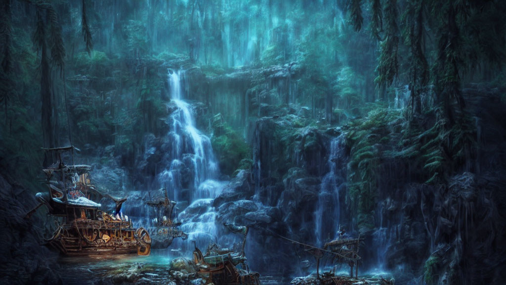 Mystical forest with waterfall, shipwreck, rocks, and lush vegetation in blue hue