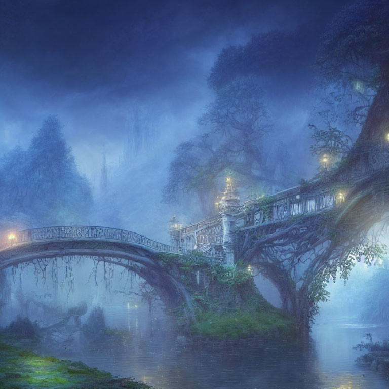 Ethereal dusk landscape with stone bridge, misty river, luminous trees, and glowing gaze