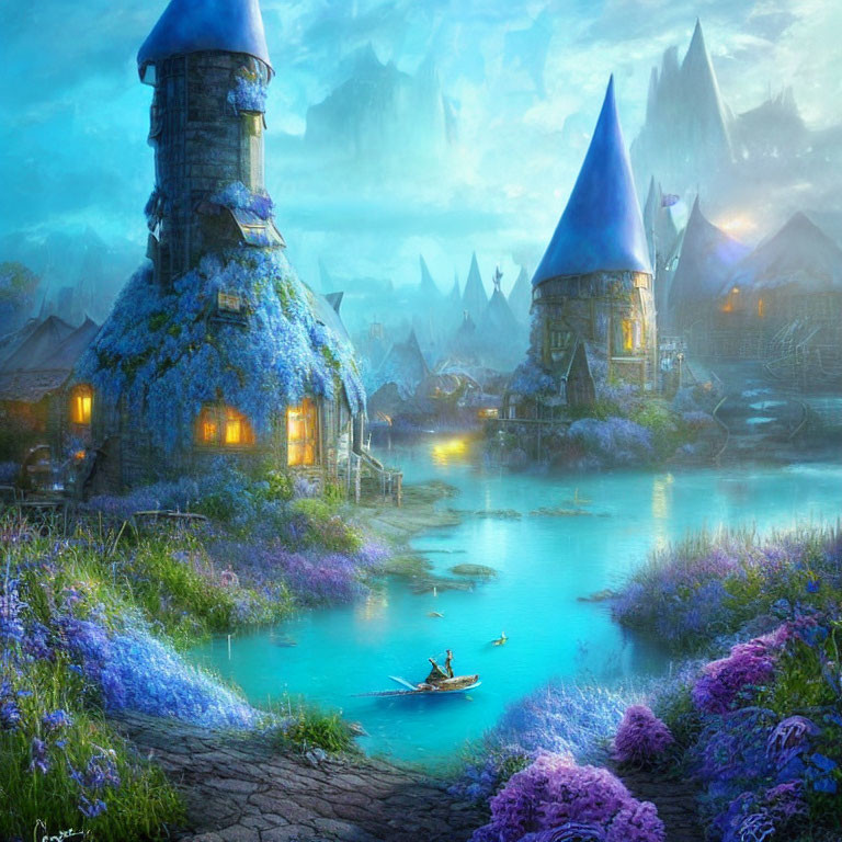 Tranquil fantasy village with blue-roofed towers, lush purple flora, and a serene river