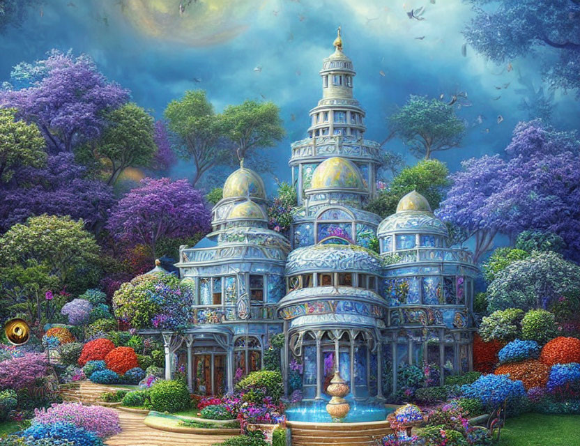 Detailed Fantastical Palace with Lush Gardens and Birds