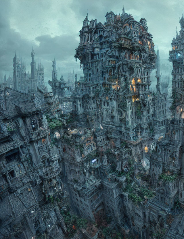 Gothic cityscape with towering spires and intricate architecture