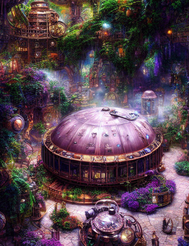 Fantastical steampunk scene with glowing purple lights