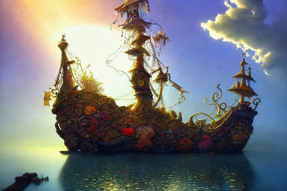 Ornate fantasy ship with floral designs under warm sunset sky