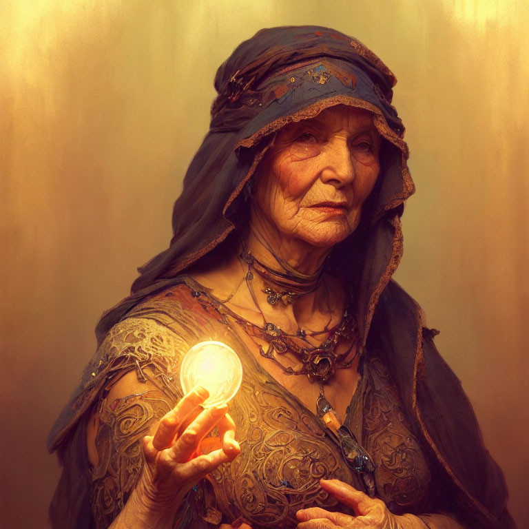 Elderly woman in headscarf and ornate robes holding glowing orb