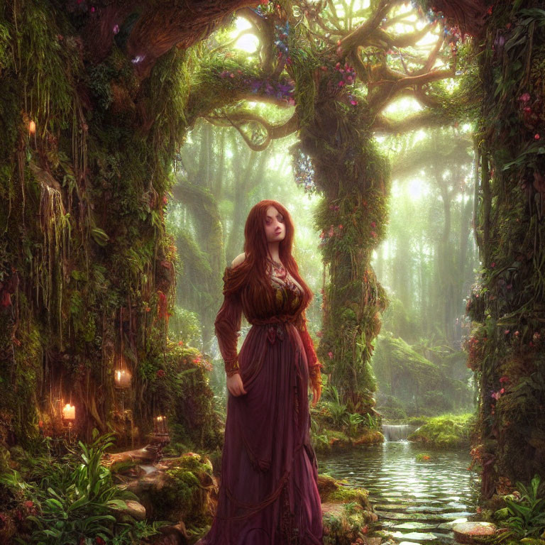 Woman in flowing purple dress in enchanting forest with vibrant greenery and mystical lighting