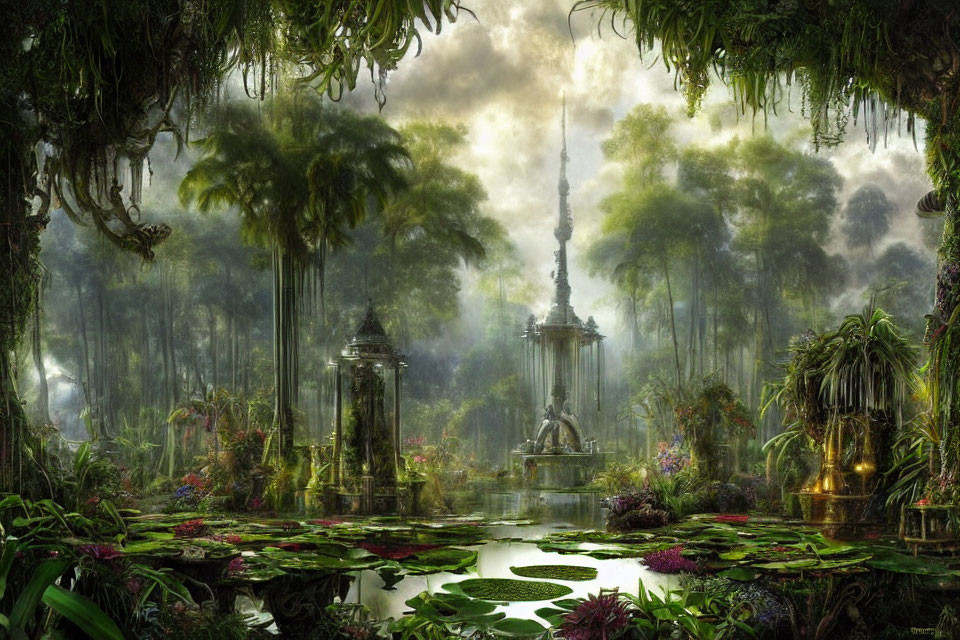 Mystical forest with ancient ruins, dense foliage, hanging gardens, and serene pond in soft mist