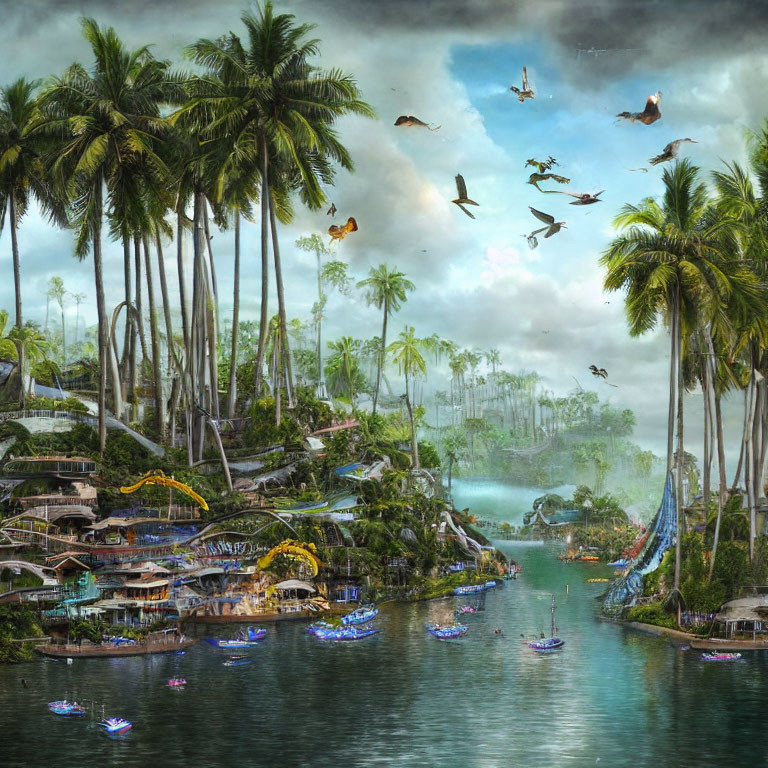 Tropical village with stilt houses, palm trees, boats, and birds under cloudy sky