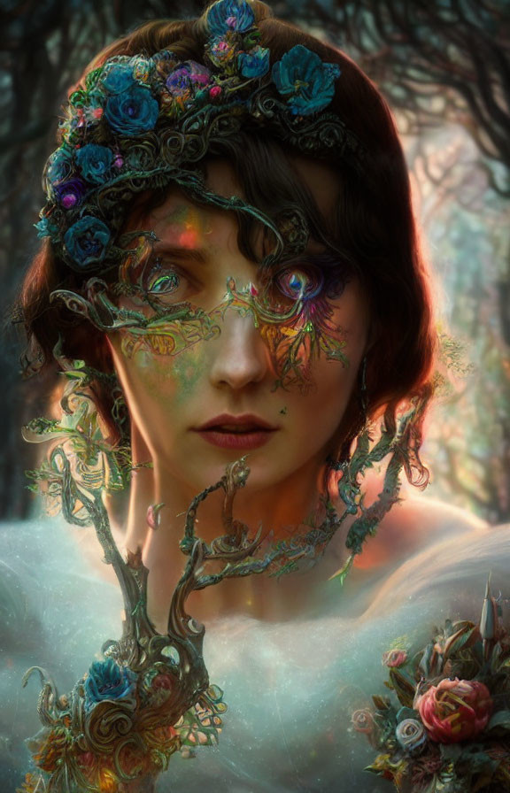 Person portrait with floral adornments in enchanted forest