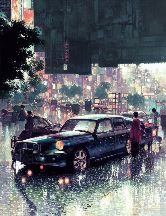 Futuristic cityscape with classic cars and neon-lit buildings