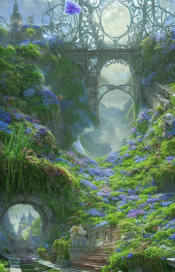 Vibrant fantasy landscape with blue flowers, green foliage, stone archways, misty mountains