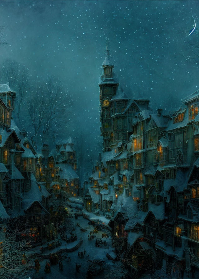 Snow-covered village with clock tower on wintry night