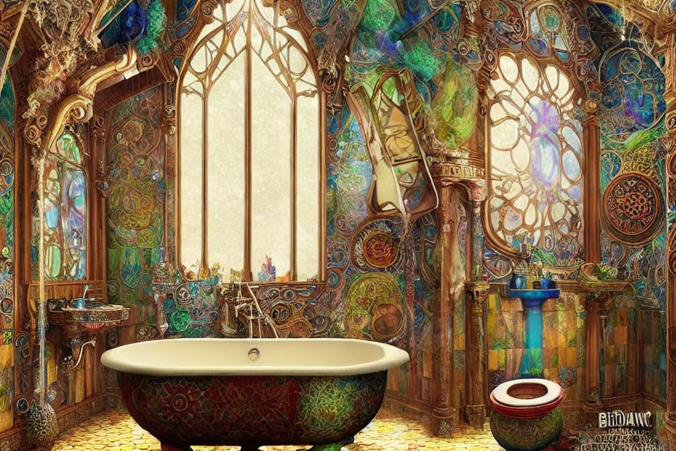 Luxurious bathroom with freestanding bathtub and stained glass windows