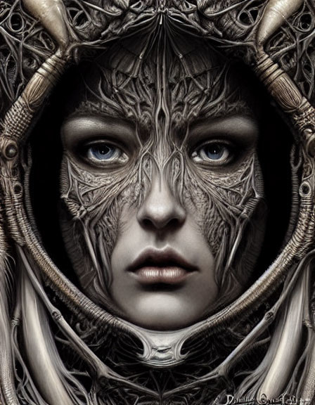 Detailed fantasy portrait with tree branch-like patterns covering face