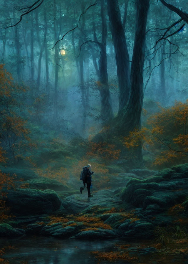 Person walking in misty forest with towering trees and serene stream