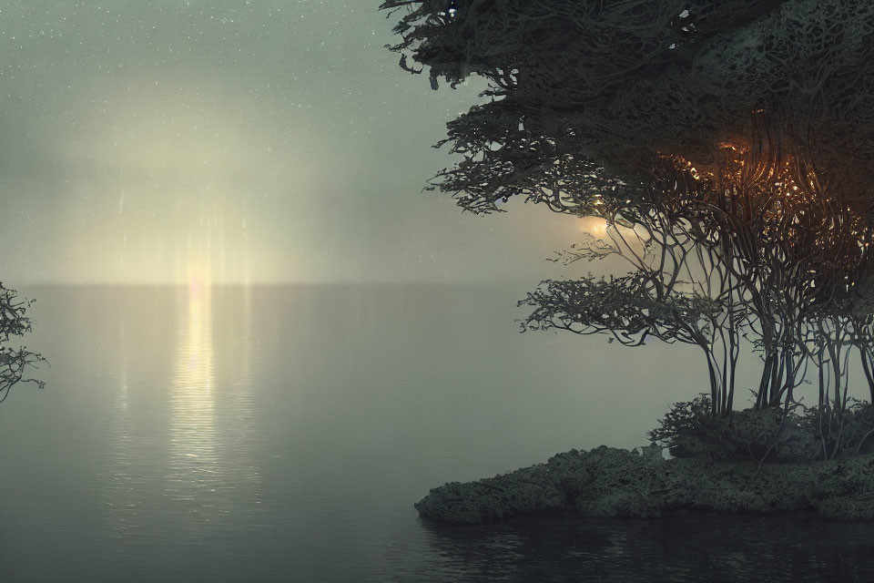 Misty Twilight Scene: Radiant Light on Calm Lake