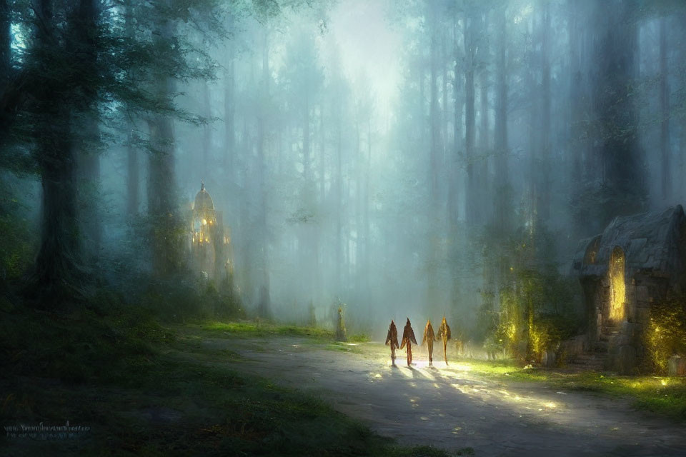 Enigmatic forest with mist-covered trees and figures near glowing ruins