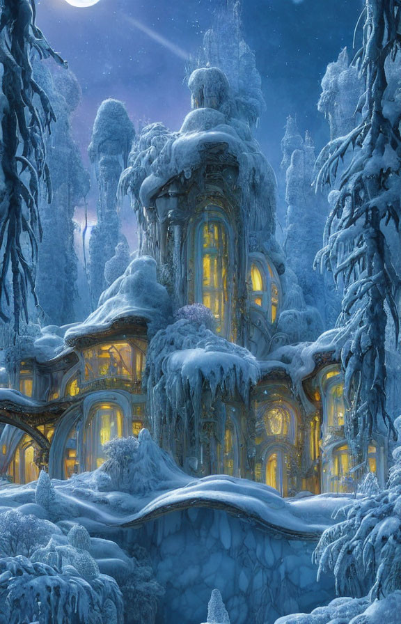 Snowy Winter Landscape with Illuminated Fantasy Building