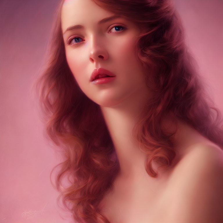 Digital portrait of woman with auburn hair and dreamy expression on soft pink backdrop