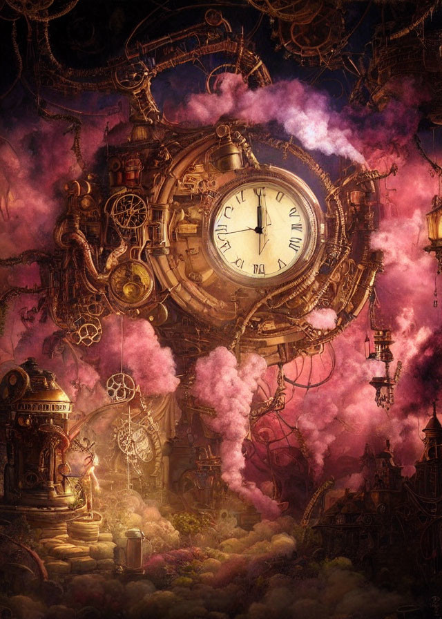 Steampunk illustration with grand clock, gears, floating buildings, and pink clouds.