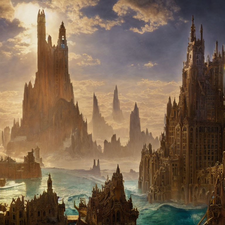 Ethereal fantasy landscape with towering spires and gothic architecture