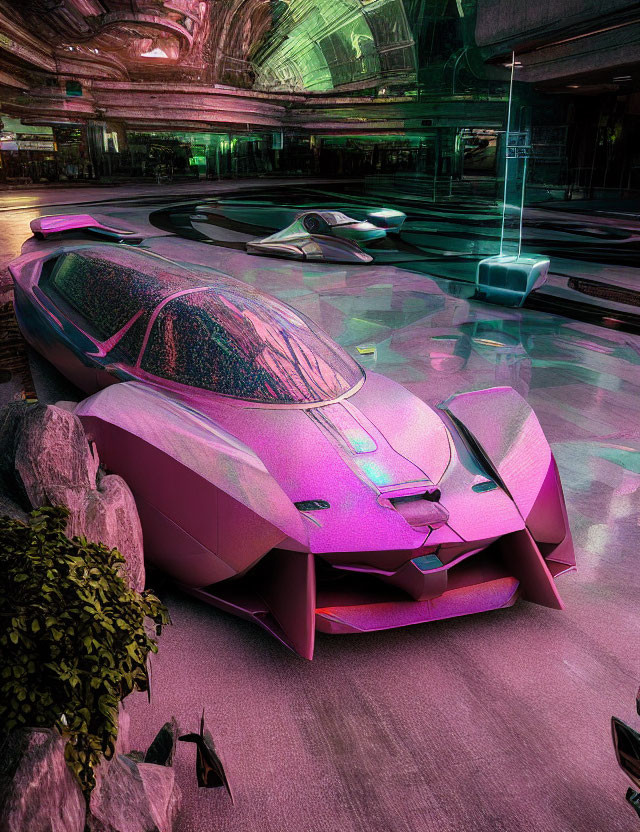 Pink and Purple Futuristic Vehicle in Modern Spaceport