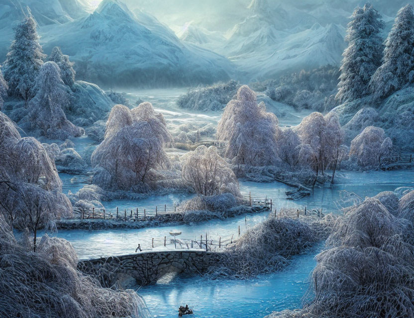 Snowy winter landscape with icy river, bridge, snow-covered trees, and mountains