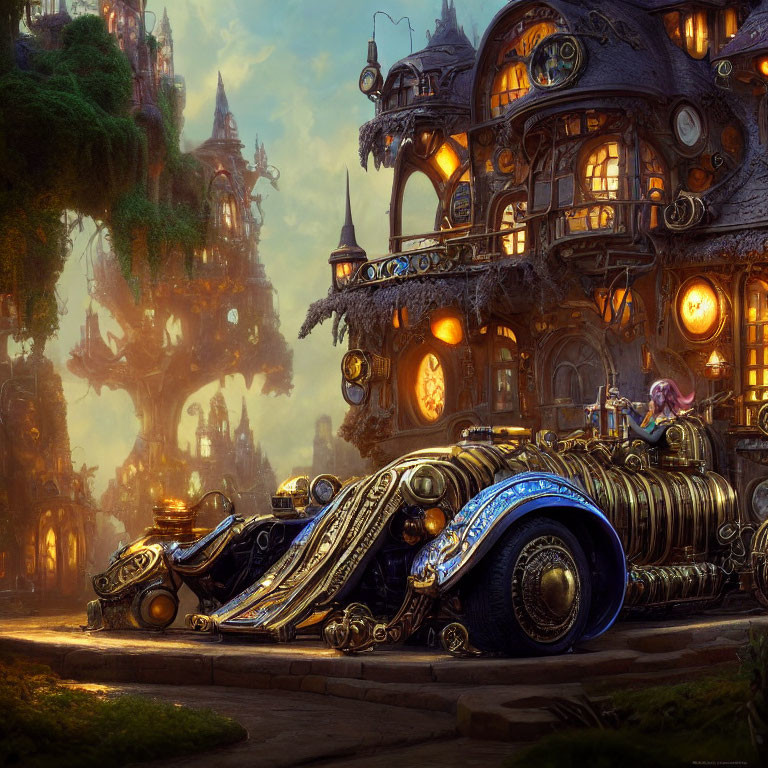 Fantasy steampunk scene with vintage car, floating islands, and glowing lights at dawn or dusk