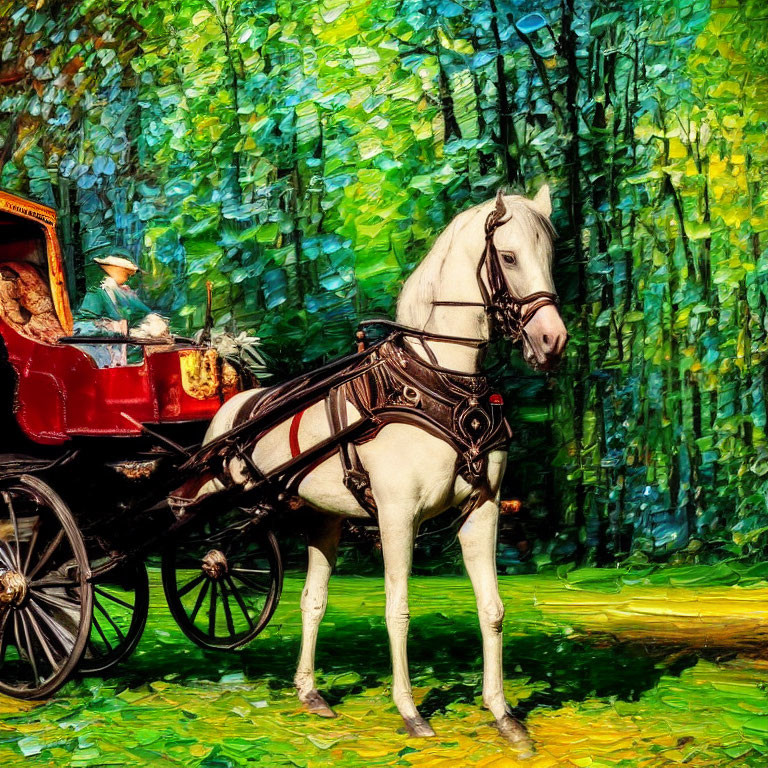 Vibrant impressionist painting of white horse and red carriage