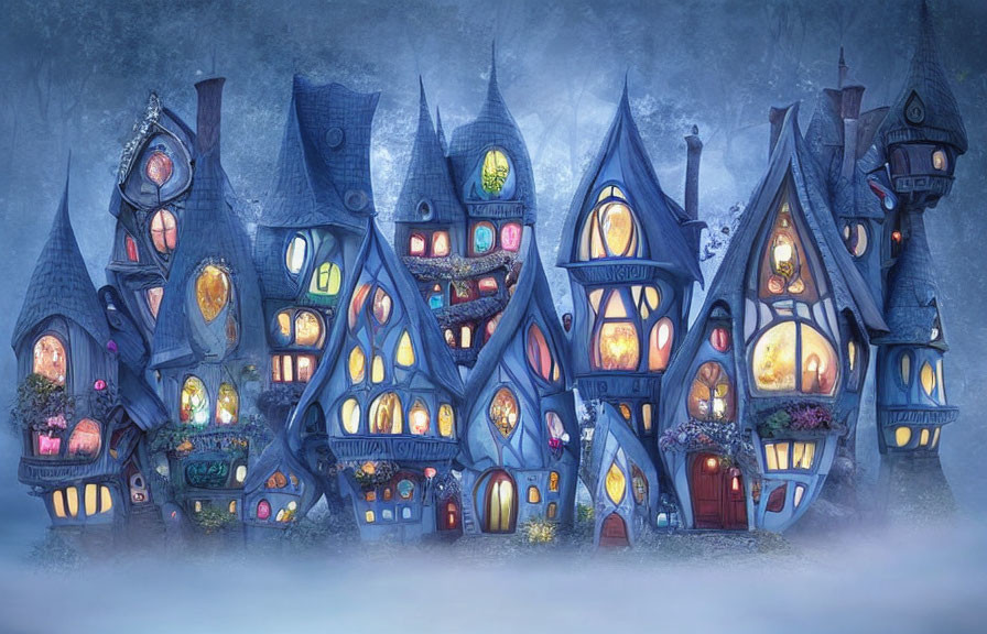 Clustered Fairytale Houses with Glowing Windows on Misty Blue Background