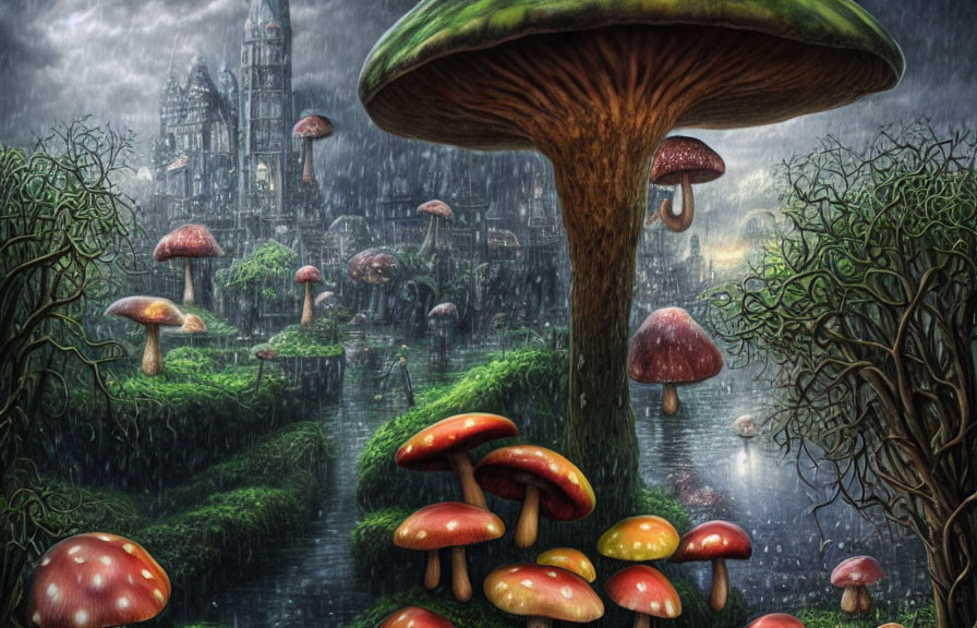 Mystical rainy forest with vibrant oversized mushrooms and gothic castle