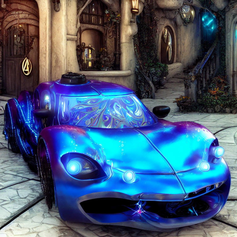 Fantasy-inspired car with glowing blue accents in whimsical courtyard