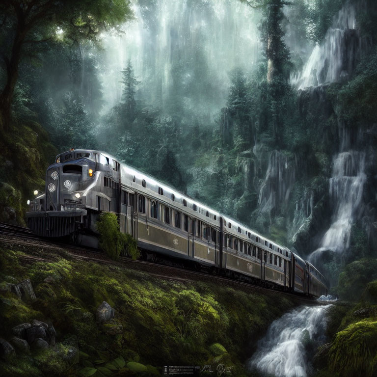 Train moving through lush, misty forest with waterfalls