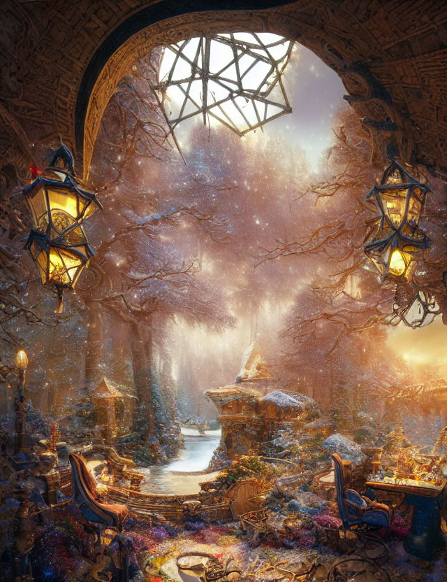 Intricate indoor scene merges with snowy forest and gothic window