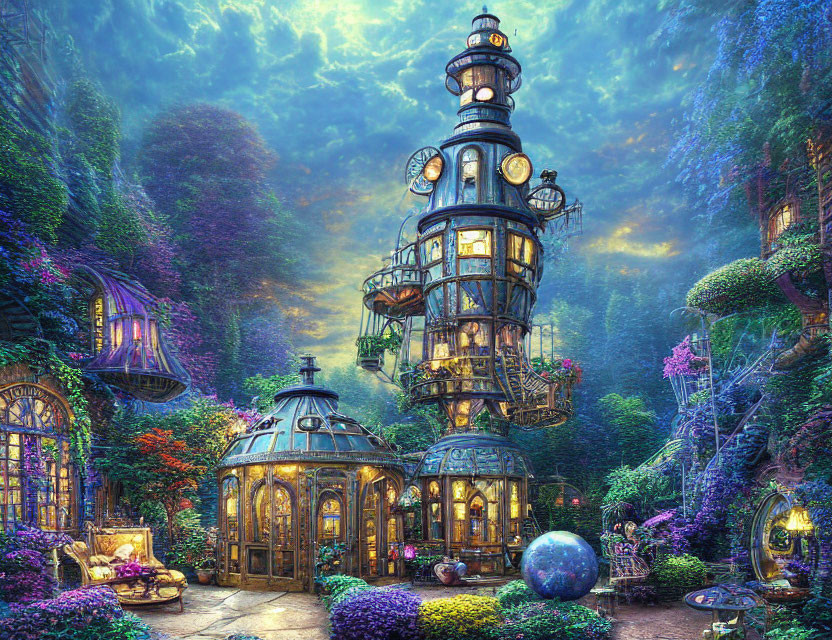 Whimsical garden with ornate clock in soft dusk light