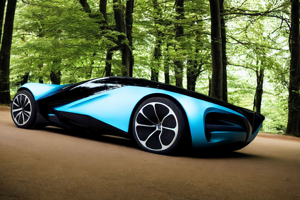 Futuristic blue sports car parked on forest road with oversized wheels