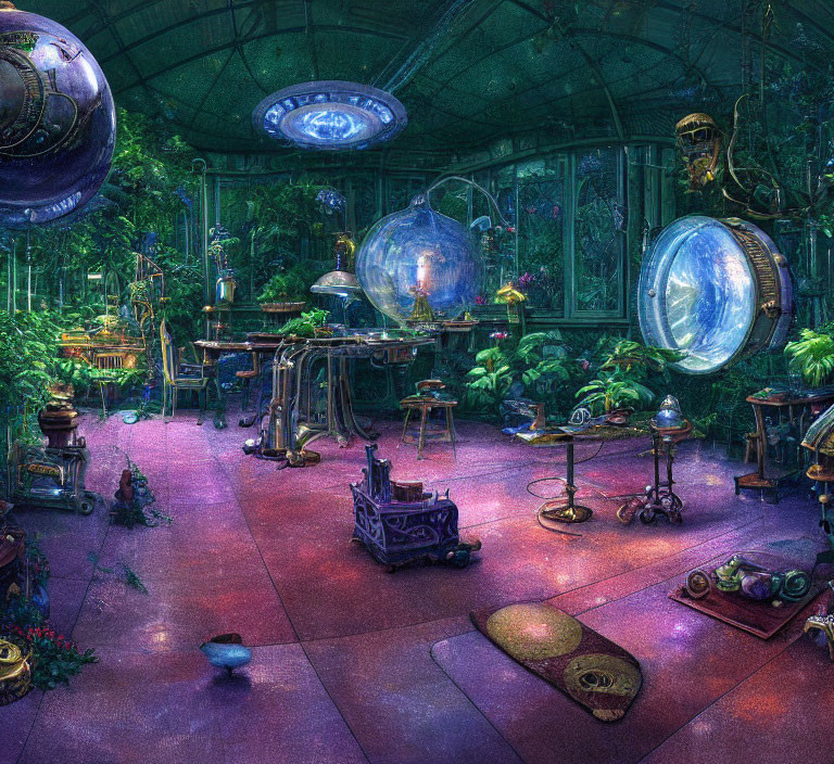 Cluttered Steampunk Conservatory with Glowing Orbs and Lush Vegetation