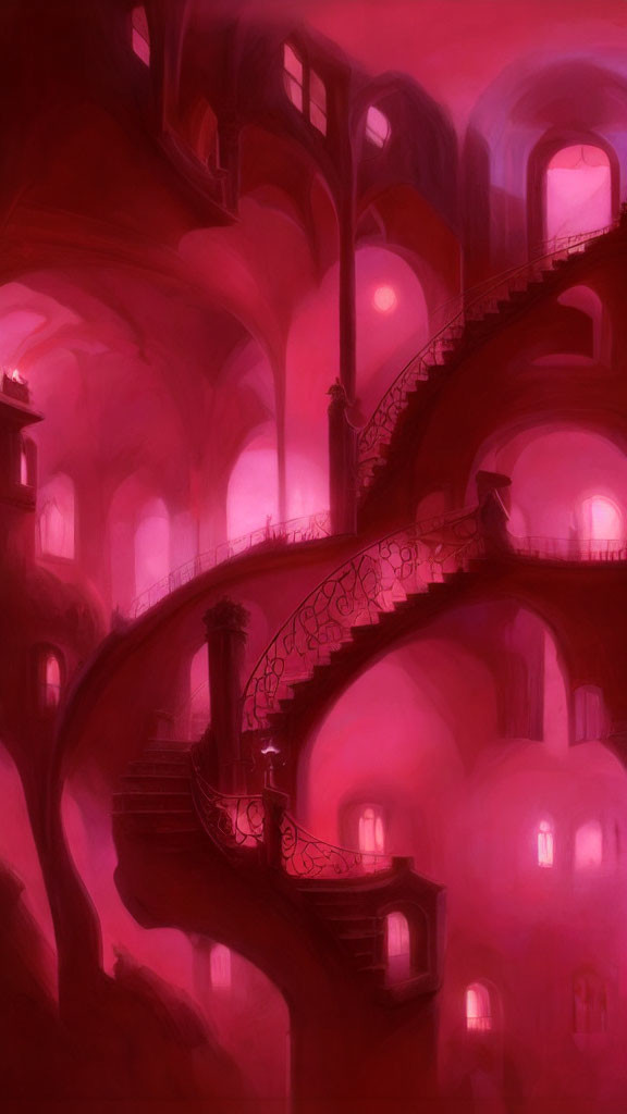 Surreal pink-hued painting of otherworldly building with winding staircases and arched door