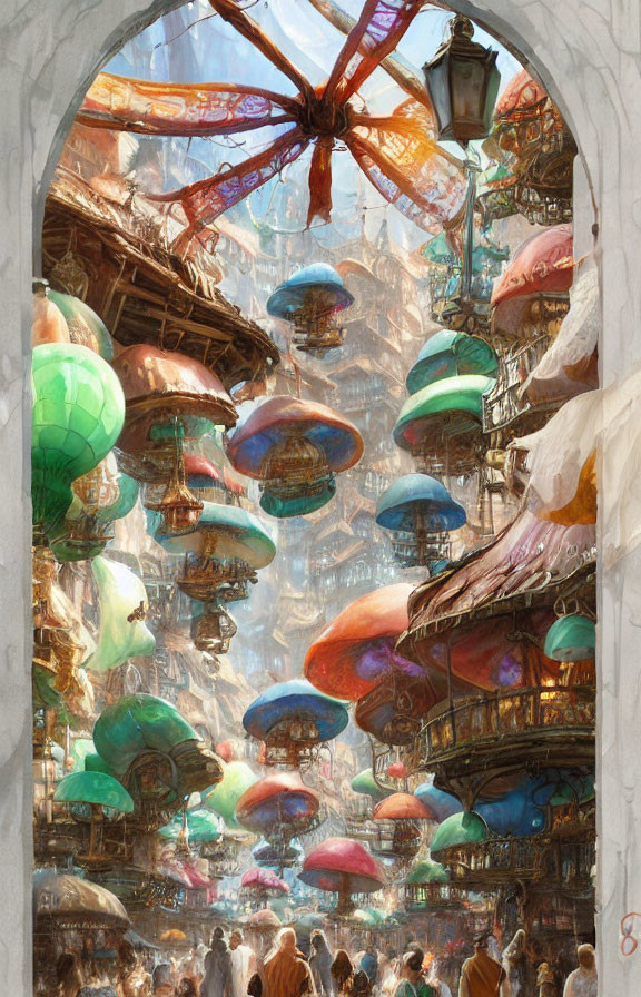 Fantasy marketplace with floating umbrellas, vibrant crowd, and soaring red dragon